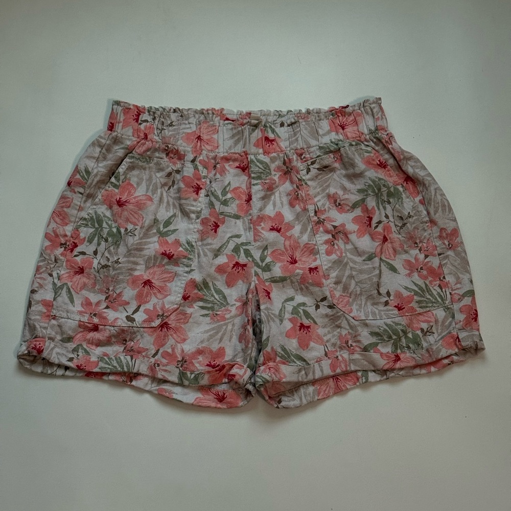 BRIGGS pull on linen blend shorts Women's pink floral, size Large